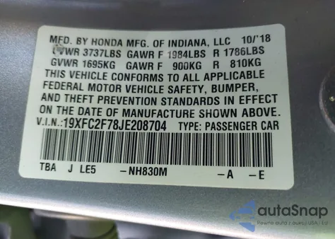 2018 Honda Civic Ex z USA, uszkodzony, nr VIN 19XFC2F78JE208704